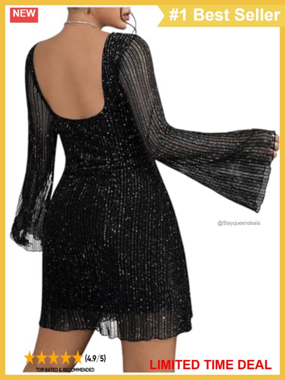 Plus Size Sequin Backless Bell Sleeve Bodycon Mini Dress